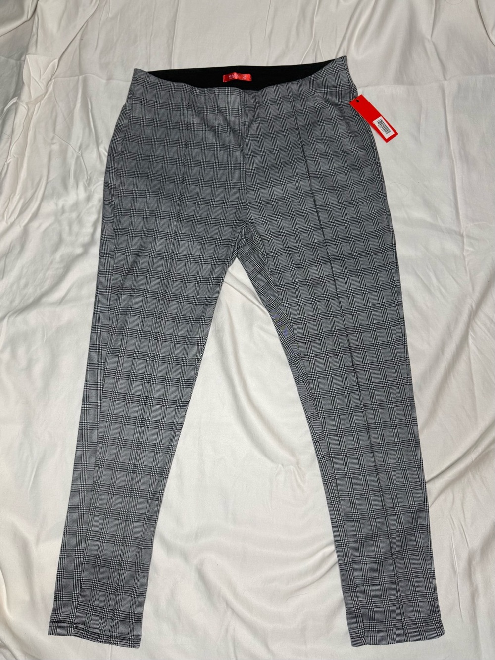Maze Collection Pull On Pants 1X Plus Black White Glen Plaid Stretch Knit NWT